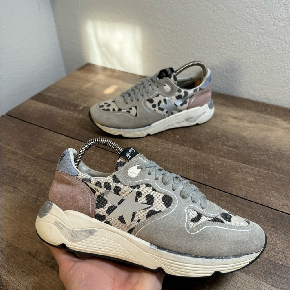 Golden Goose Running Sole Gray Suede & Leopard Print Athletic Sneakers